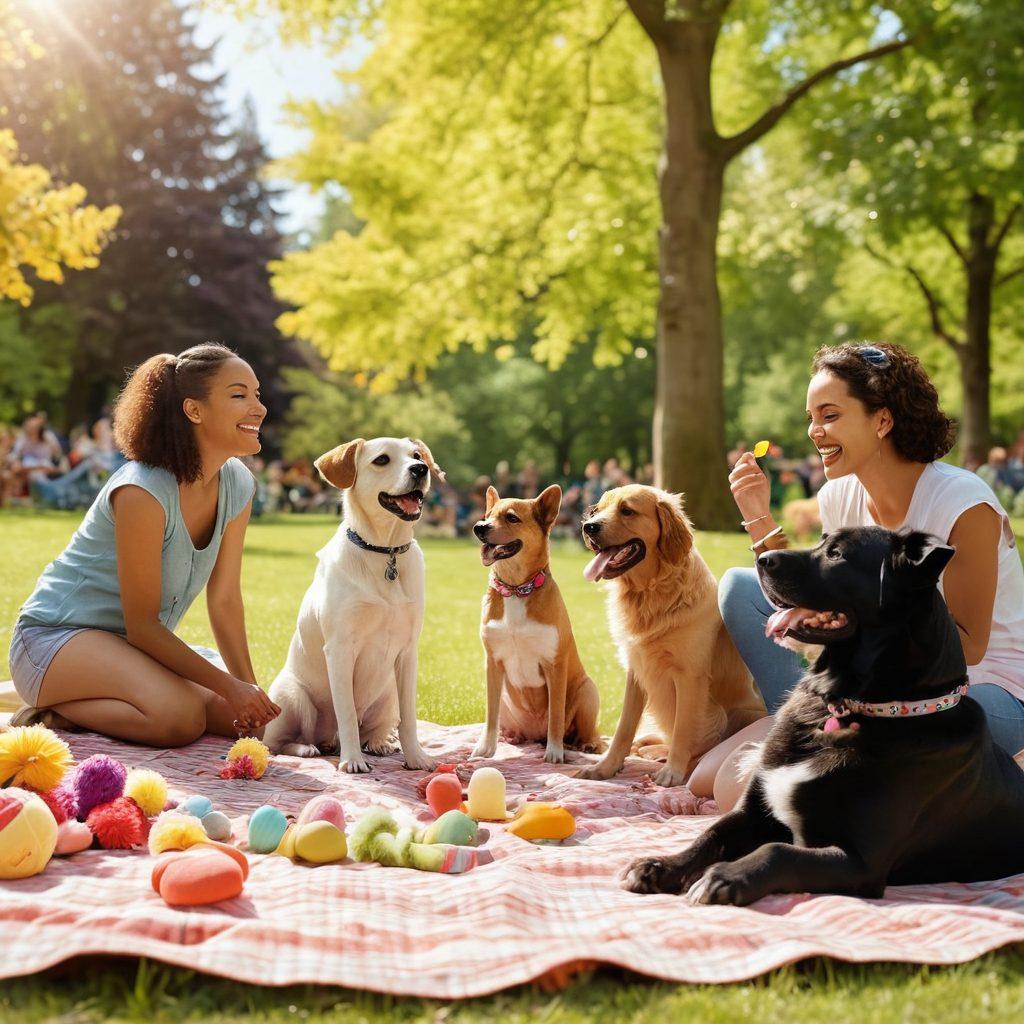 A heartwarming scene of a diverse group of dog owners in a sunny park, joyfully interacting with their pets; some are playing fetch, others are sharing stories while sitting on picnic blankets surrounded by colorful dog toys. In the background, trees and flowers bloom, symbolizing growth and community. The atmosphere radiates positivity and connection. super-realistic. vibrant colors. natural setting.