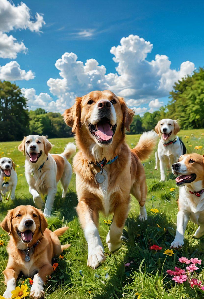 A vibrant, joyful scene depicting a patch of colorful grass where happy dogs play together. In the foreground, a golden retriever and a beagle chase each other, surrounded by playful toys and flowers. In the background, a diverse group of dog owners are smiling and interacting, sharing tips with one another. The sky is bright blue, with fluffy white clouds, creating an uplifting atmosphere. super-realistic. vibrant colors. 3D.