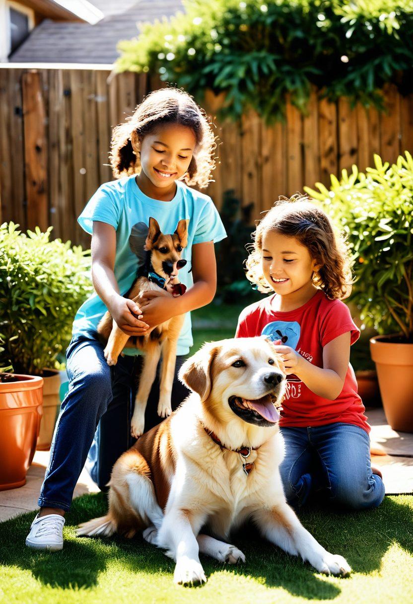 A heartwarming scene of a diverse family with children playing joyfully with a beloved rescue dog in a sunlit backyard. The dog shows happiness and obedience, illustrating the bond formed through love and care. Surrounding them are potted plants and toys scattered around, symbolizing a nurturing environment. Soft, warm lighting enhances the comforting atmosphere of companionship. super-realistic. vibrant colors. soft focus.